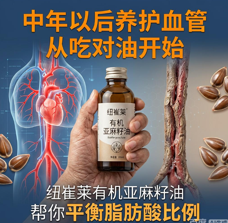 中年以后养护血管从吃对油开始，纽崔莱有机亚麻籽油帮你平衡脂肪酸比例